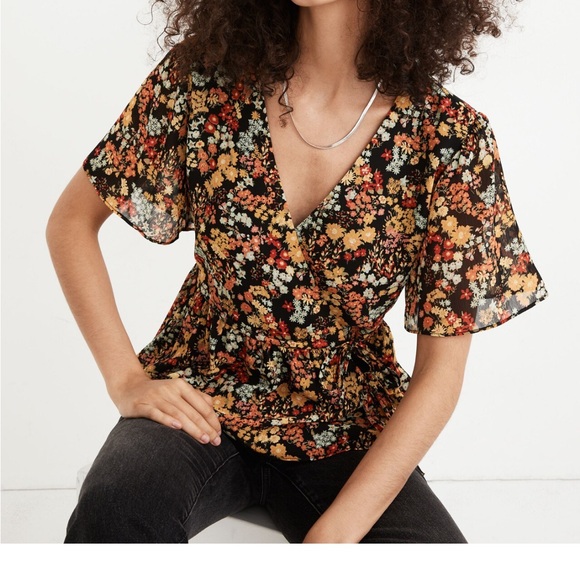 Madewell Short-Sleeve Peplum Wrap Top in Flower Garden - Picture 2 of 5